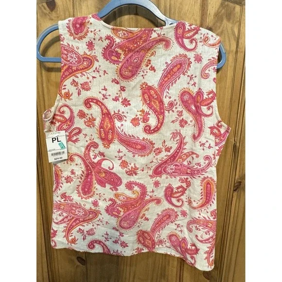 Units Petite L Linen Tank Top Pink Paisley Print Sleeveless Summer Blouse‎ NWT - Picture 2 of 3